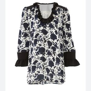 Tory Burch Black and blue floral ruffle silk blouse dark